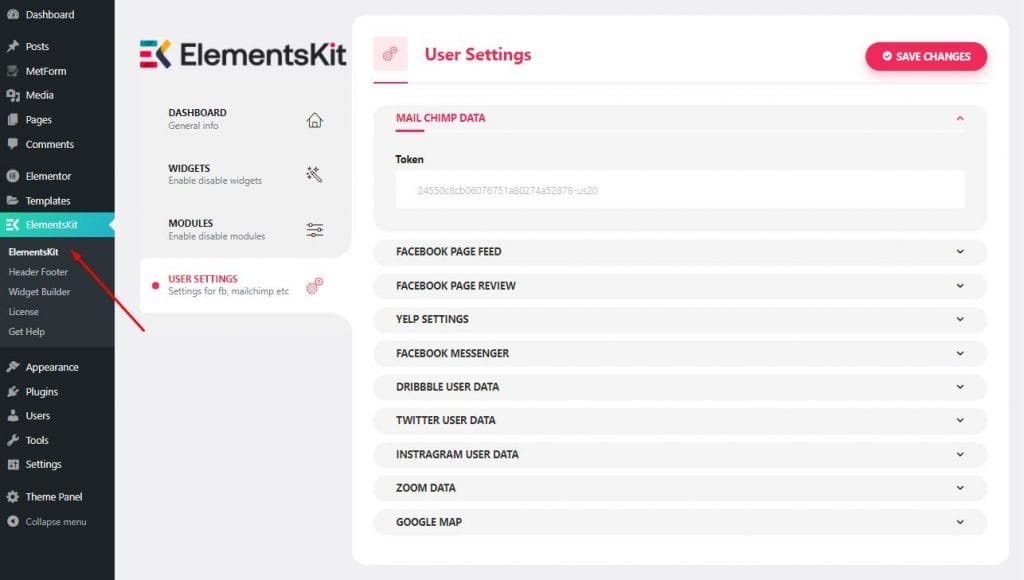 Elementskit User Settings