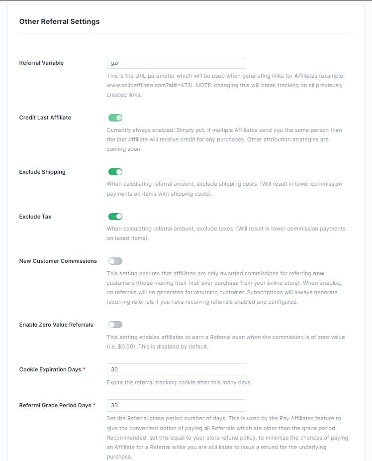 Solid Affiliate Referral General Settings
